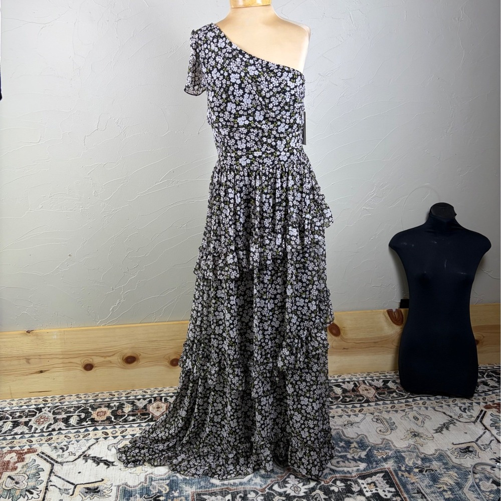 Mikael Aghal Womens Floral One Shoulder Tiered Maxi Dress Sz10 Dark Fairy $825